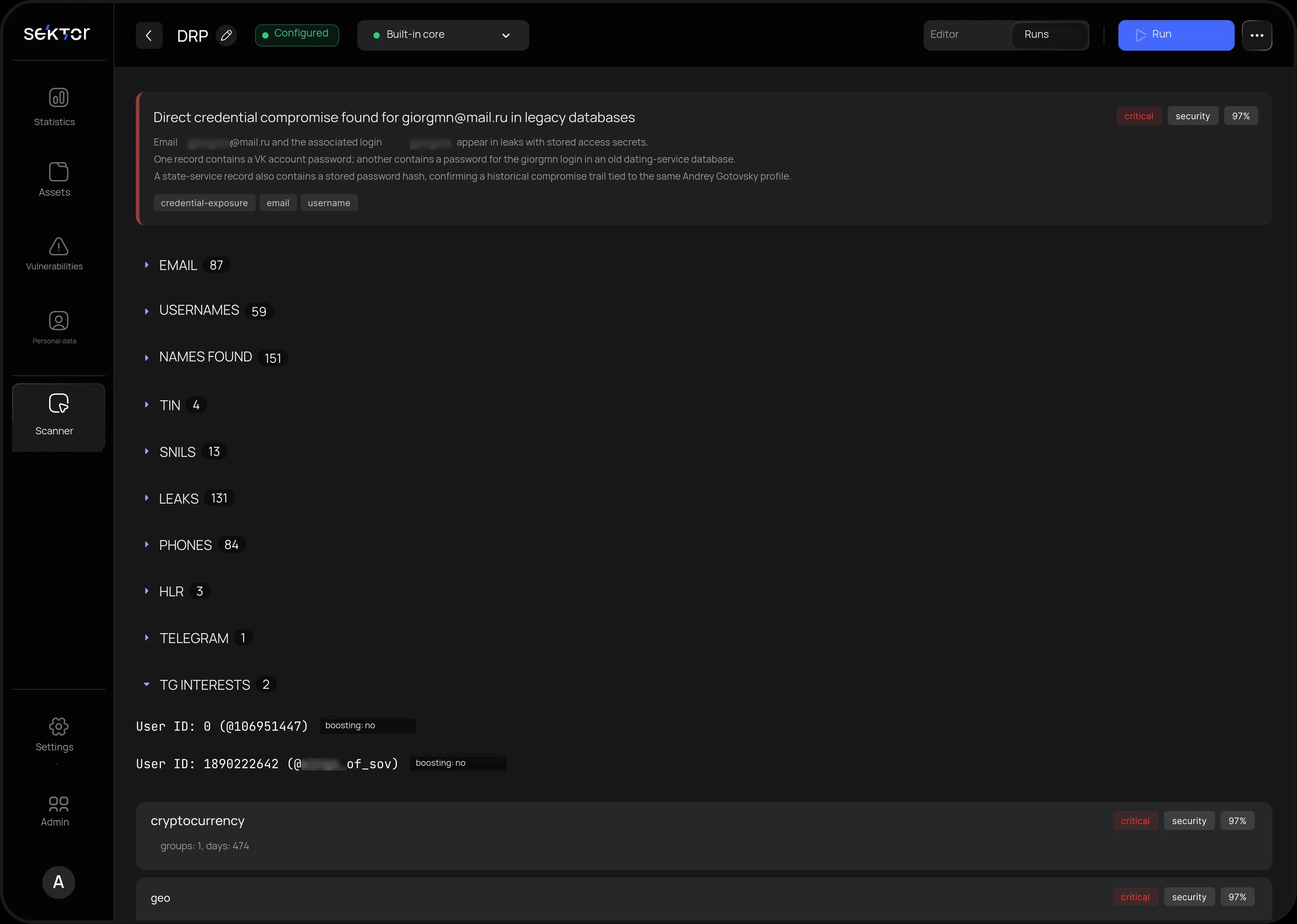 Data leak monitoring interface in DRP