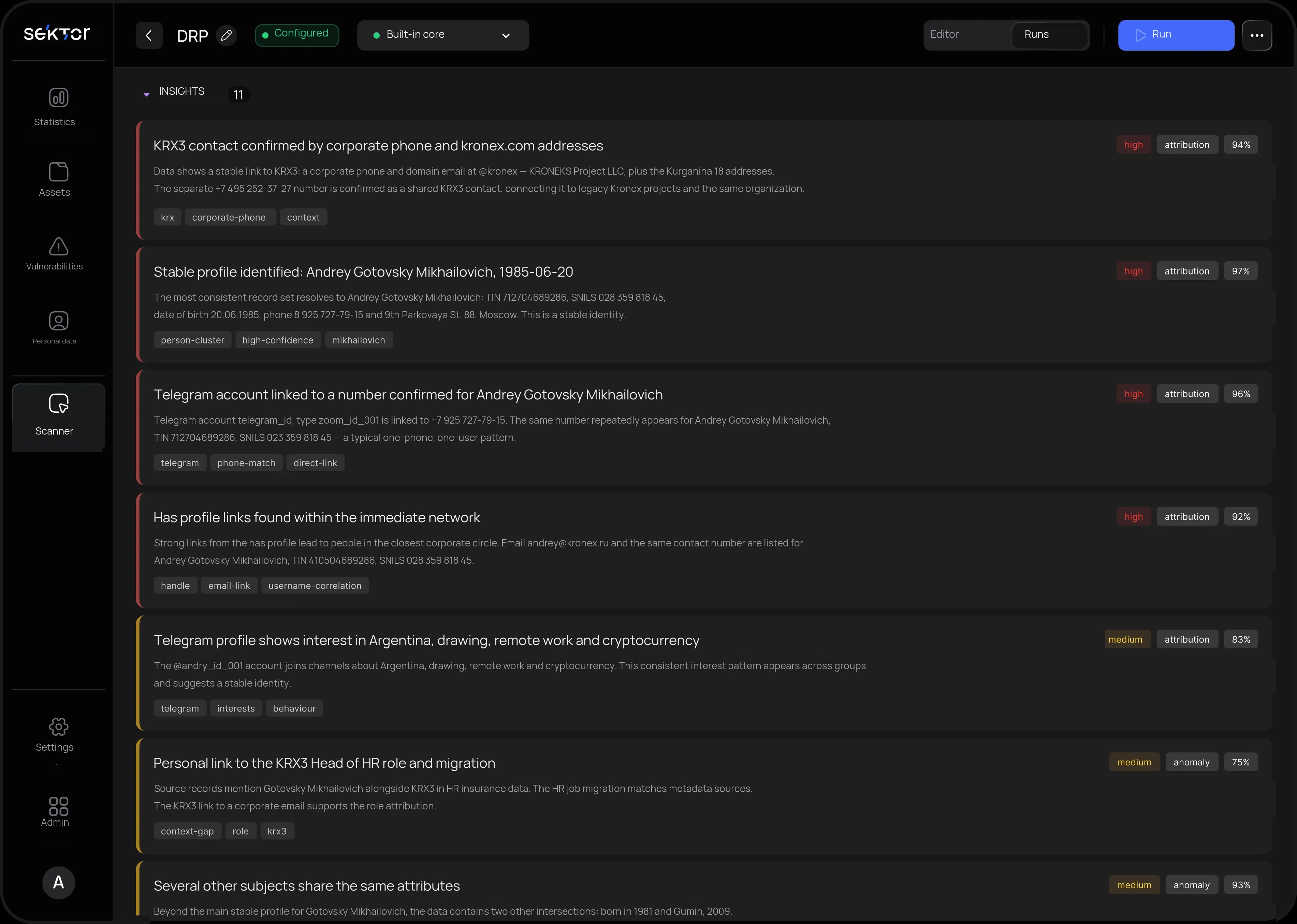 In-depth OSINT analysis interface in DRP